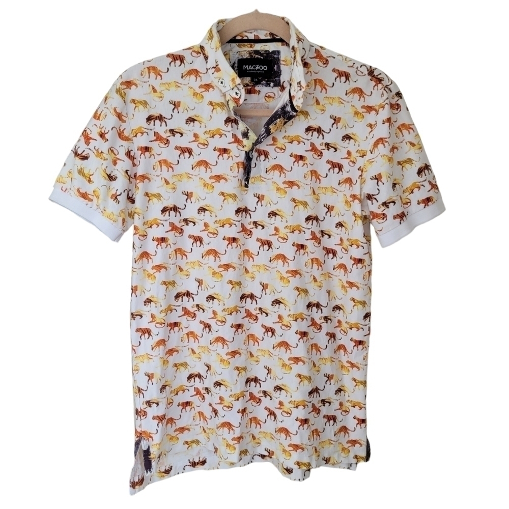 Maceoo Cotton Button-Down Polo Tiger Print White Orange